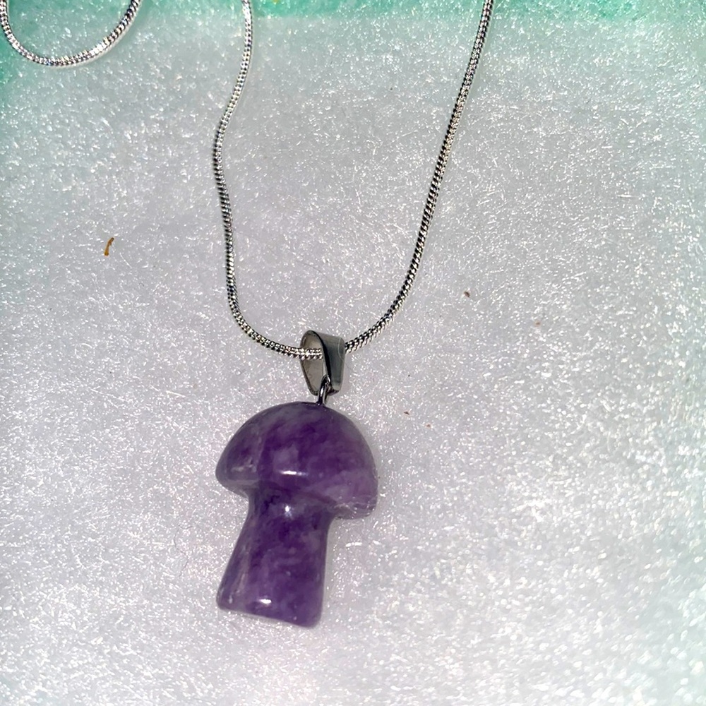 Psychedelic Boho Hippie Amethyst Mushroom Sterling Silver Necklace 24”